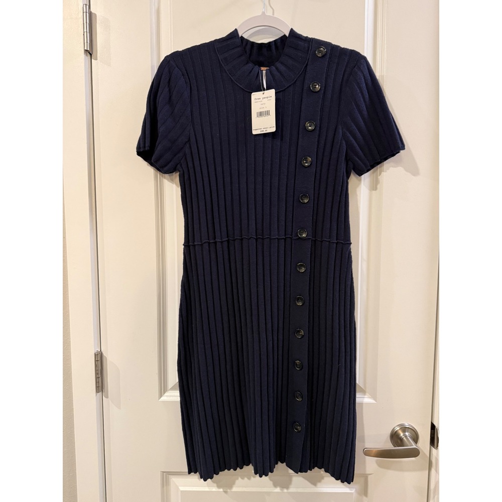 Free People Navy Blue Ribbed Knit Mock Neck Button Mini Dress OB857058 Large NEW
